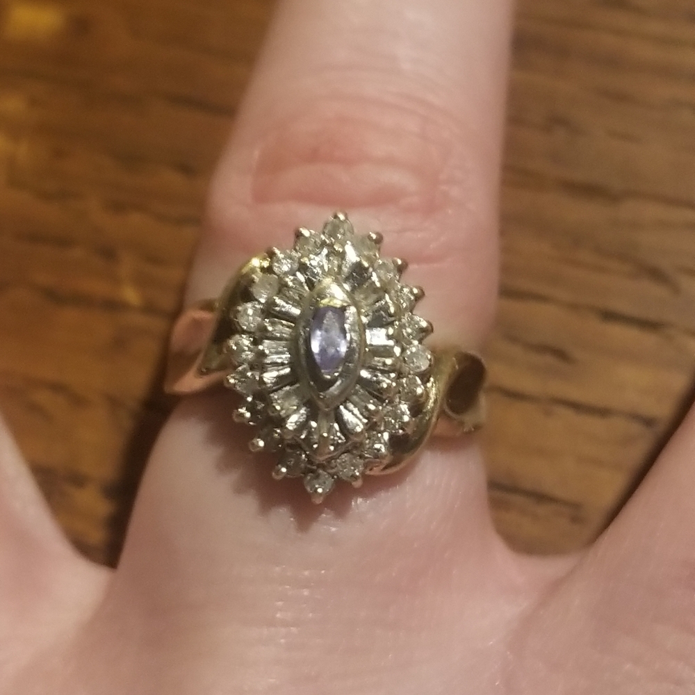 10k solid gold diamond and tanzanite waterfall cluster ring